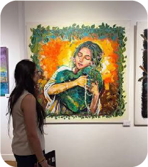 Visitor viewing colorful painting